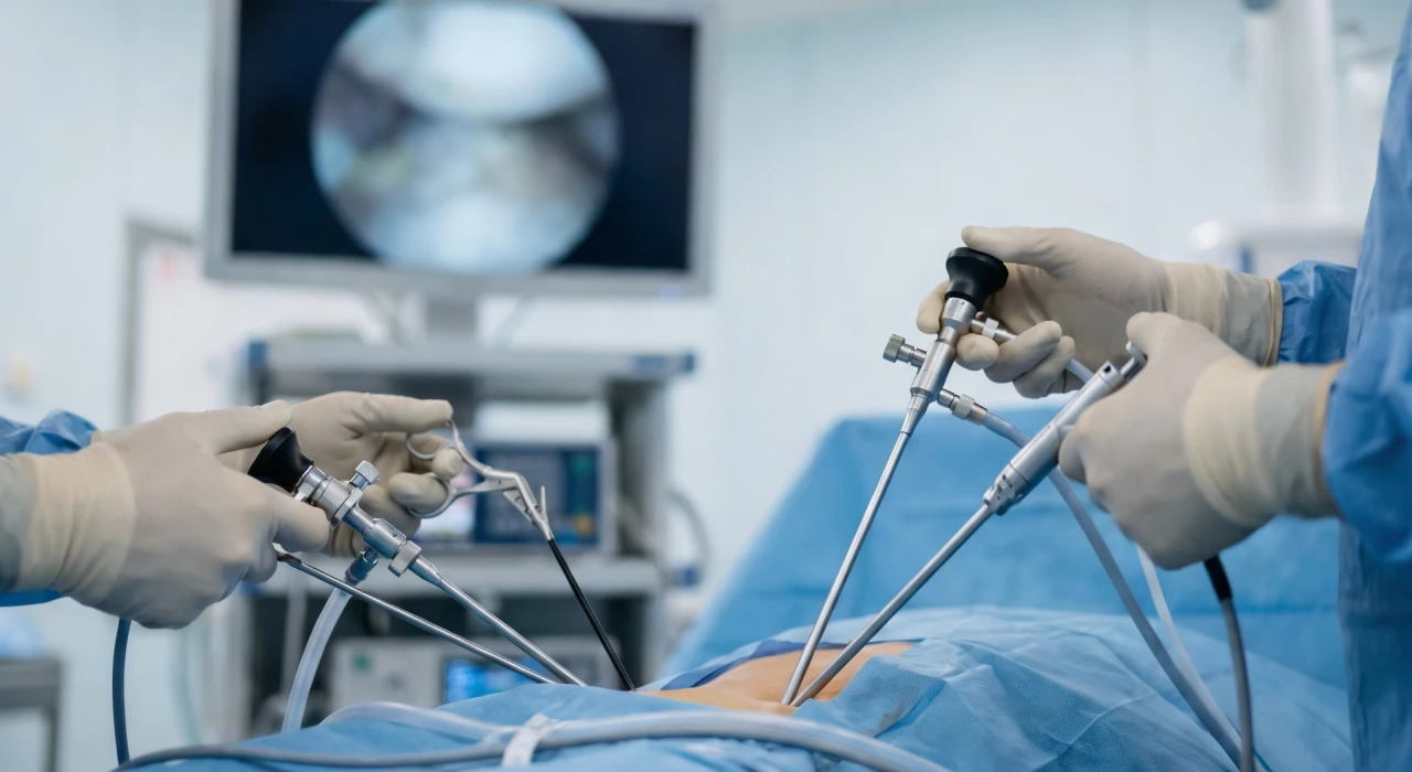Equipe médica utilizando instrumentais para artroscopia em procedimento ortopédico minimamente invasivo